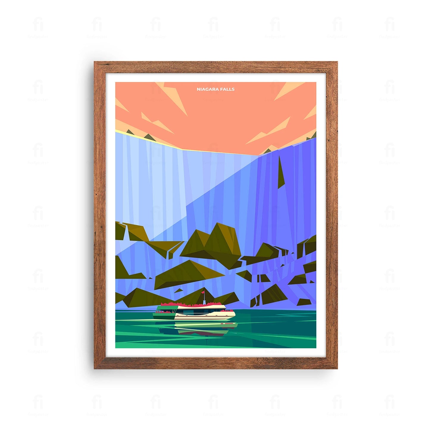 Plakat z artystyczną grafiką przedstawiającą potężny wodospad Niagara.
