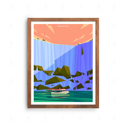 Plakat z artystyczną grafiką przedstawiającą potężny wodospad Niagara.
