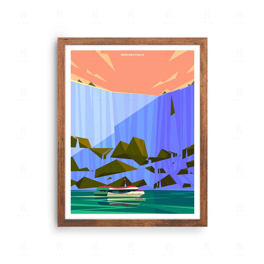 Plakat z artystyczną grafiką przedstawiającą potężny wodospad Niagara.
