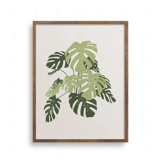 Plakat z artystyczną grafiką przedstawiającą duży, zielony, dziurawy liść monstery.