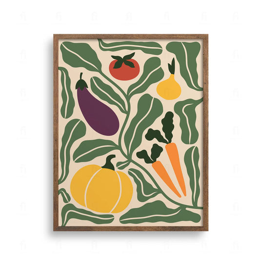 Dynamiczna kompozycja graficzna z jesiennymi warzywami: dynią, bakłażanem, marchewką i pomidorem, w otoczeniu zielonych liści.