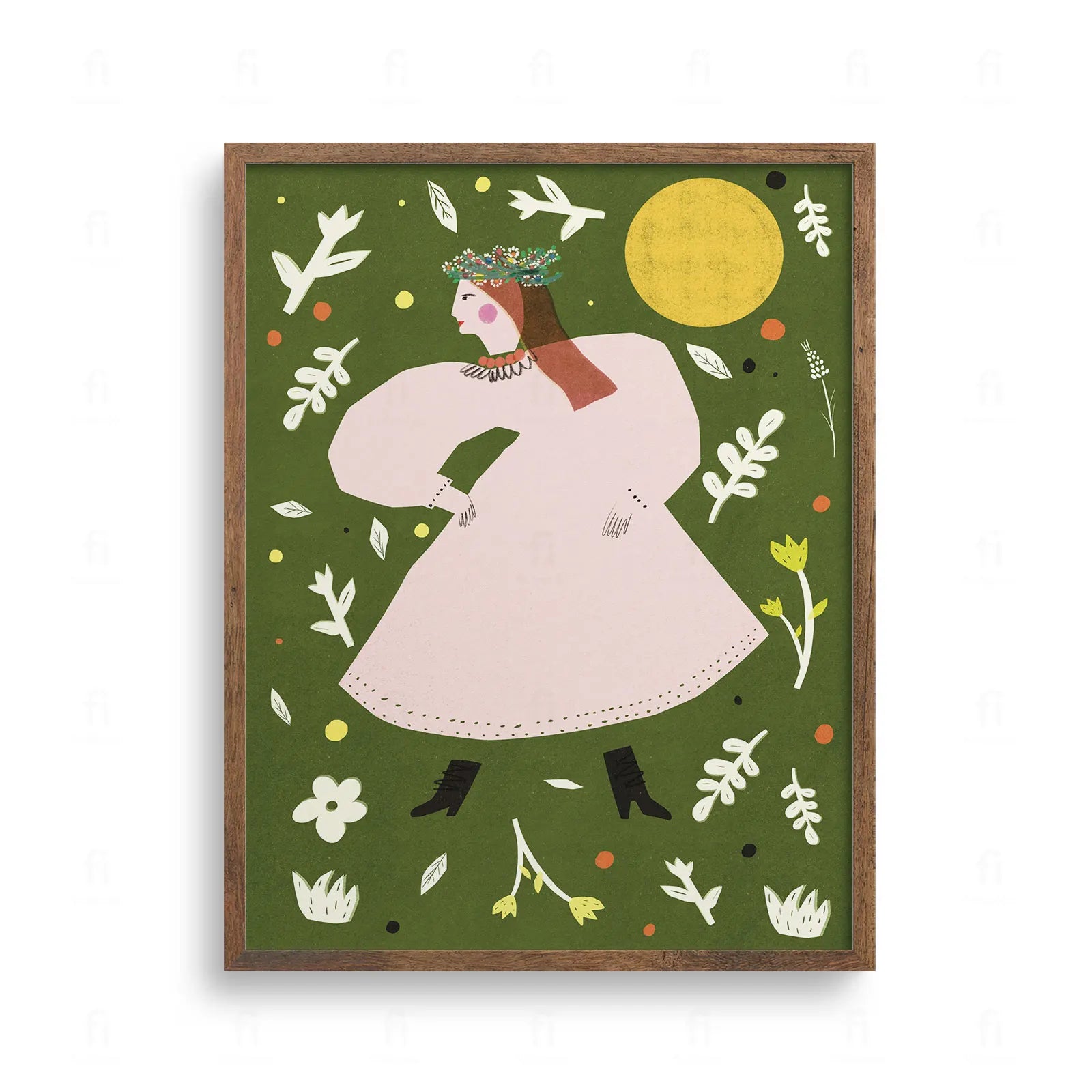 Plakat w stylu folk przedstawiający tancerkę w ludowym stroju na zielonym tle. Ilustracja etno, słońce i motywy roślinne.