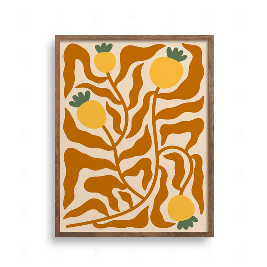 Nowoczesna grafika botaniczna przedstawiająca pnącza z okrągłymi, żółtymi owocami i brązowymi liśćmi.