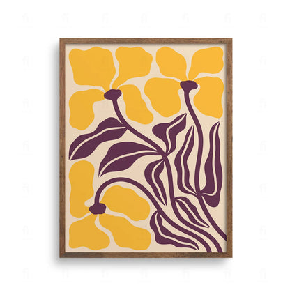 owoczesna grafika z dużymi, abstrakcyjnymi kwiatami w kolorze żółtym oraz łodygami i liśćmi w kolorze głębokiego fioletu.