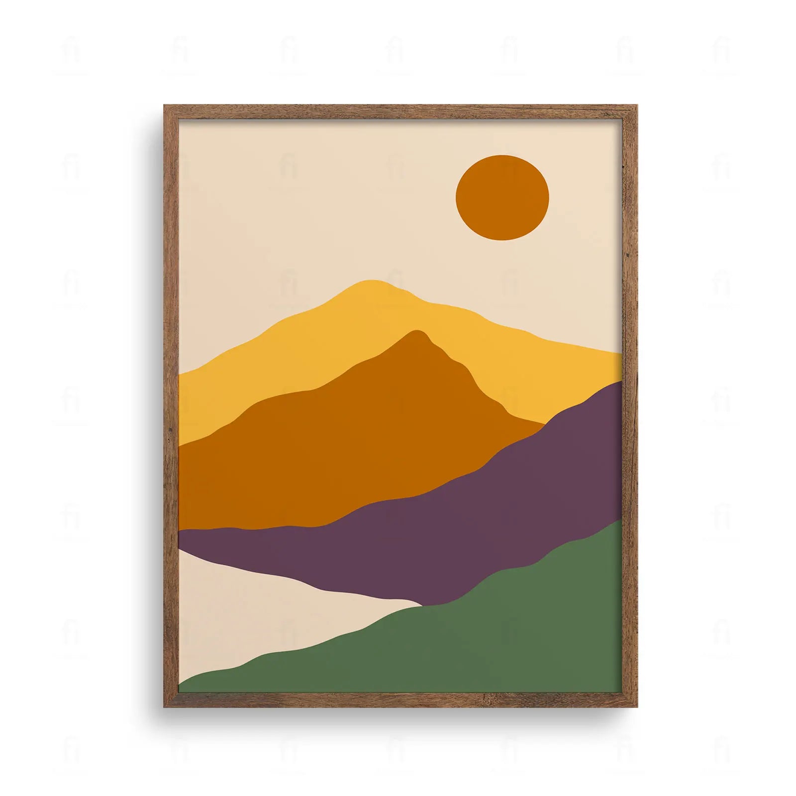 Minimalistyczny, abstrakcyjny pejzaż z warstwami wzgórz w kolorach żółtym, ochry, fioletu i zieleni, z okrągłym słońcem na niebie.