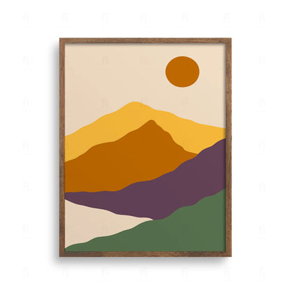 Minimalistyczny, abstrakcyjny pejzaż z warstwami wzgórz w kolorach żółtym, ochry, fioletu i zieleni, z okrągłym słońcem na niebie.