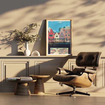 Ilustracja plakatu z Amsterdamu – architektura kamienic nad kanałem