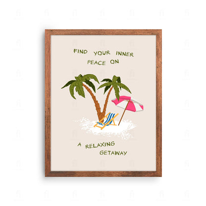 Plakat z artystyczną grafiką przedstawiającą leżak między palmami na plaży.