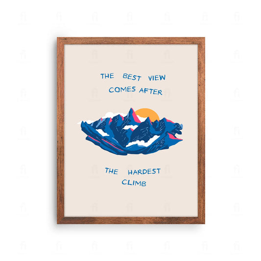 Plakat z artystyczną grafiką przedstawiającą góry i inspirujący cytat o wspinaczce.
