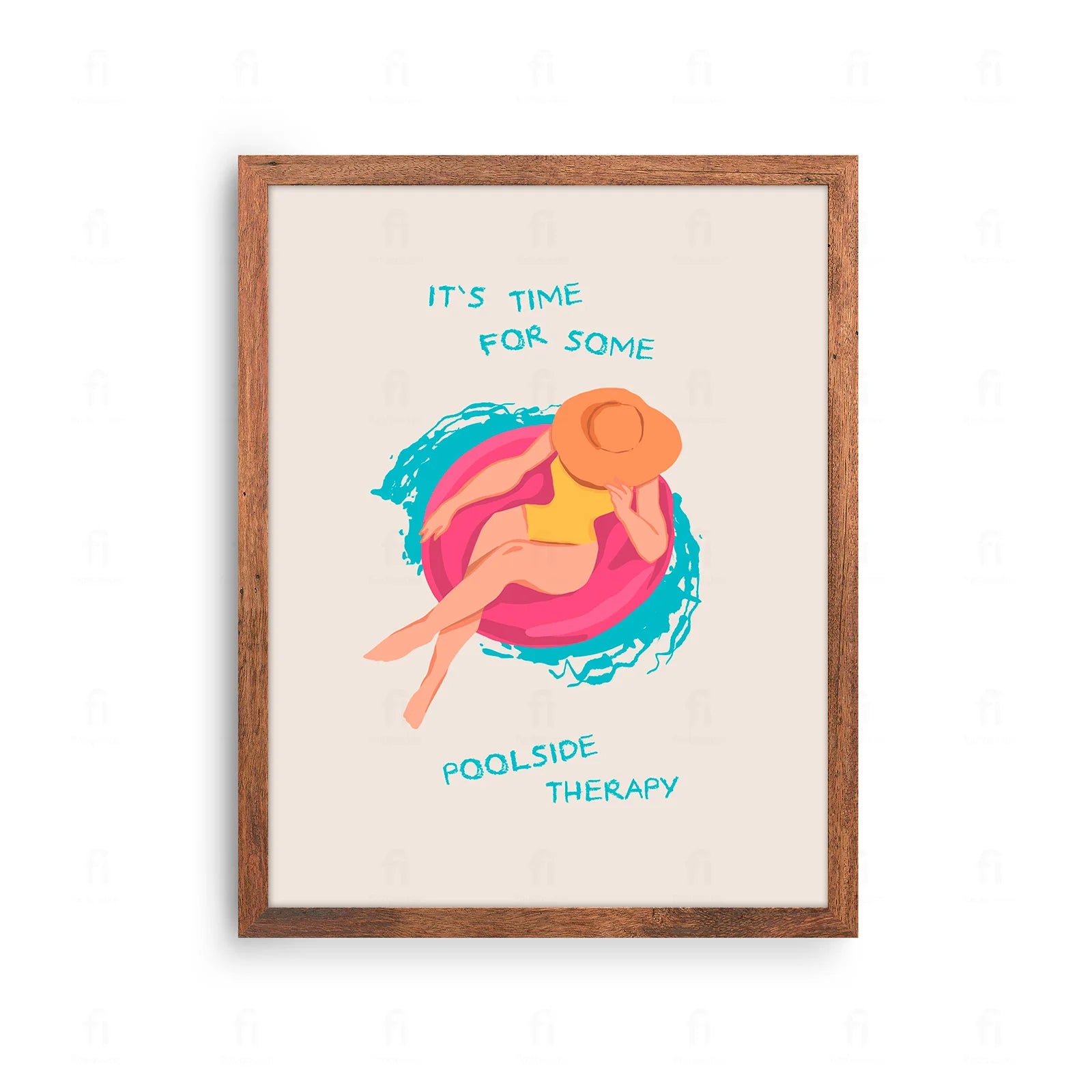 Plakat z grafiką w stylu retro przedstawiającą basen i napis "Basenowa Terapia".
