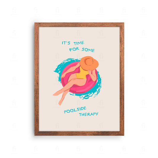 Plakat z grafiką w stylu retro przedstawiającą basen i napis "Basenowa Terapia".
