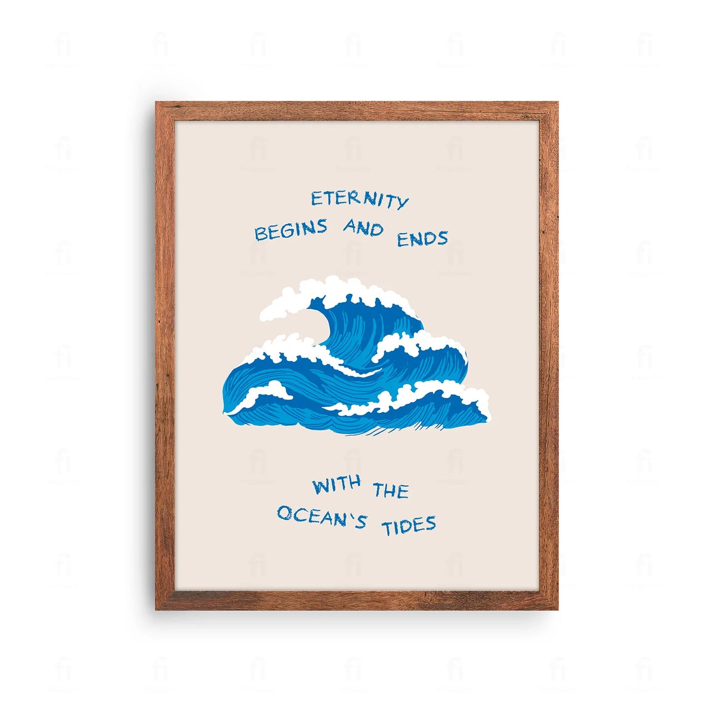 Plakat z minimalistyczną, abstrakcyjną grafiką przedstawiającą fale oceanu.
