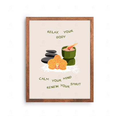 Plakat z minimalistyczną grafiką z motywami wellness i napisem "Relaksacja i Odnowa".
