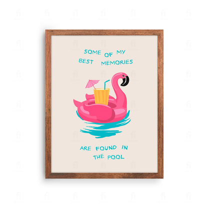 Plakat z artystyczną grafiką przedstawiającą basen i leżaki w stylu wakacyjnym.
