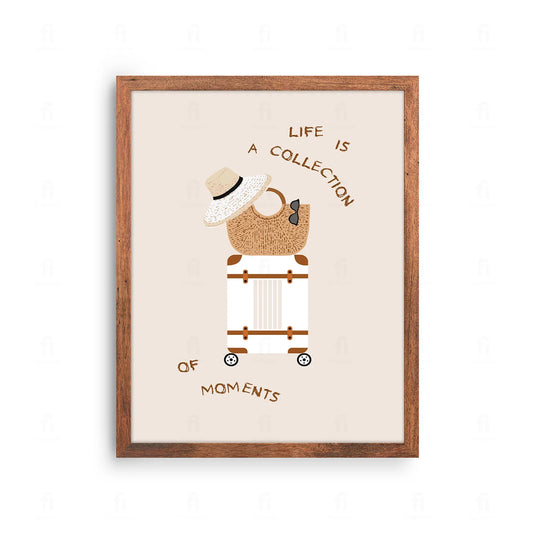 Plakat z grafiką przedstawiającą aparat fotograficzny w stylu retro i napis "Kolekcjonuj chwile, nie rzeczy".