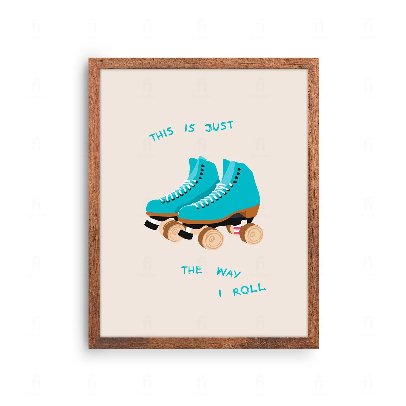 Plakat z kolorową grafiką w stylu retro przedstawiającą wrotki i napis "Tak toczy się moje życie".