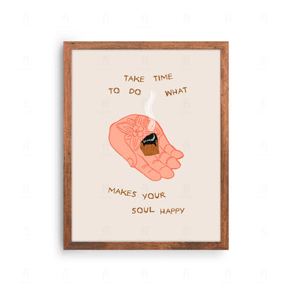  Plakat z radosną, kolorową grafiką i typografią z napisem "Teraz jest idealny czas na szczęście".
