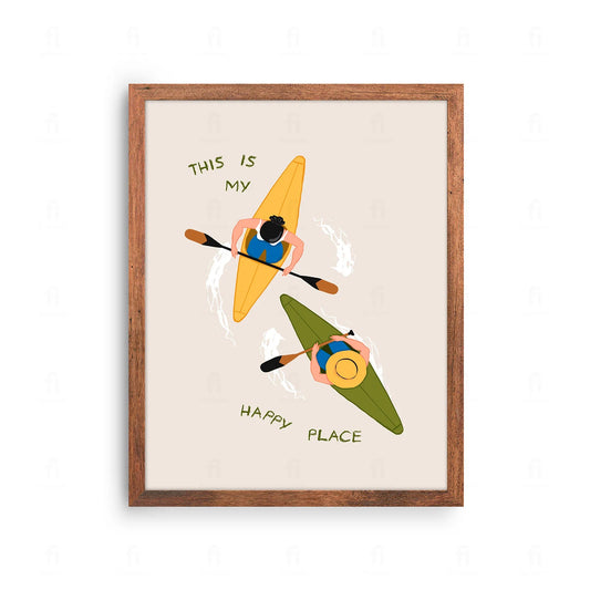 Plakat z grafiką przedstawiającą kajak na spokojnym jeziorze i napisem "To jest moje szczęśliwe miejsce".