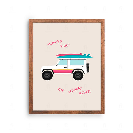 Plakat z grafiką w stylu retro przedstawiającą samochód jadący przez malowniczy krajobraz.