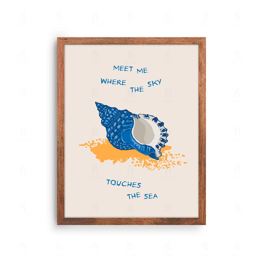 Plakat z artystyczną grafiką przedstawiającą wieloryba w oceanie i napisem "Gdzie niebo dotyka morza".