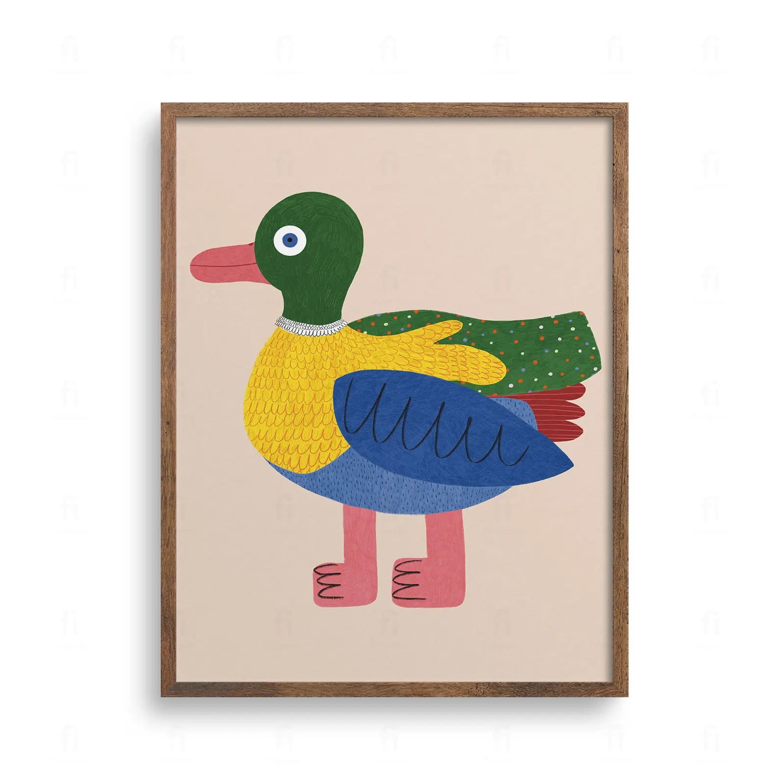 Plakat do pokoju dziecka z kolorową kaczką, zielona głowa i kropkowane pióra, ilustracja w stylu vintage z ziarnistą teksturą.