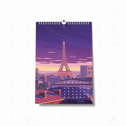 Kalendarz-2026-maj-grafiką przedstawiającą Wieżę Eiffla w Paryżu.