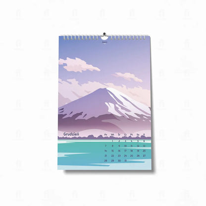 Kalendarz_2026-grudzien-grafiką w stylu japońskim, przedstawiającą górę Fuji.