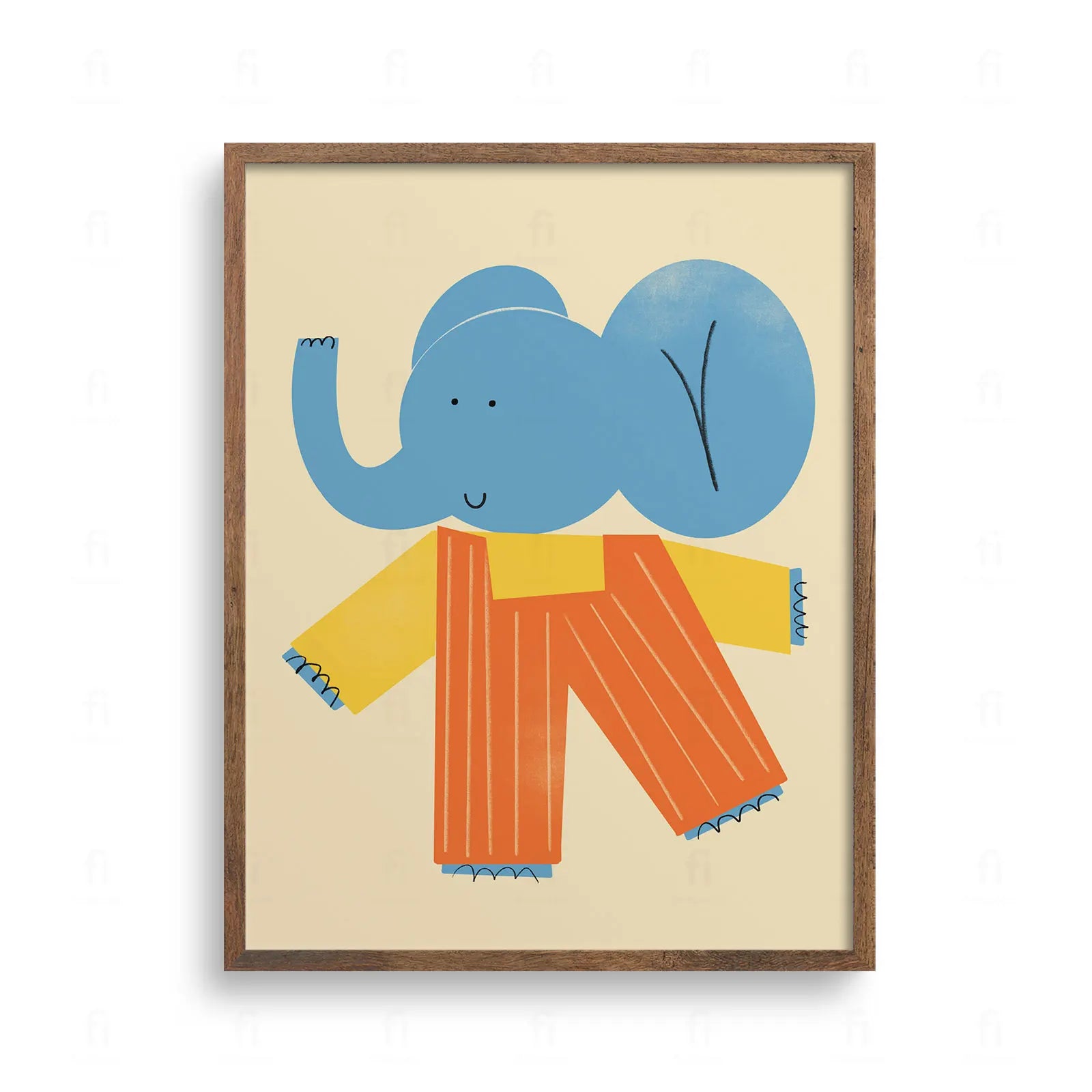 Uroczy plakat z niebieskim słoniem w pomarańczowych spodniach. Zabawna ilustracja do pokoju chłopca lub dziewczynki. Styl retro, efekt ziarna.