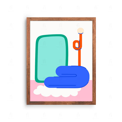 Plakat z artystyczną grafiką przedstawiającą designerski fotel, stolik i wazon w stylu skandynawskim.