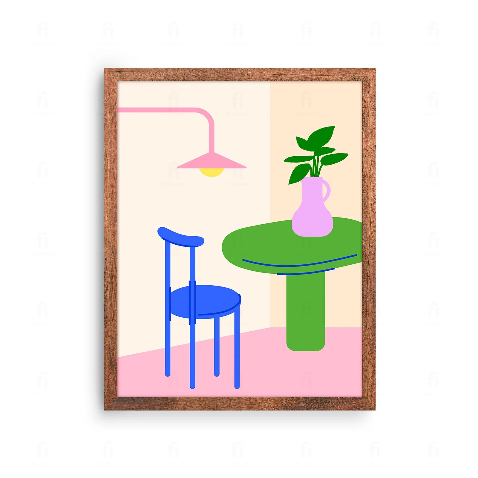 Plakat z artystyczną grafiką przedstawiającą stół i krzesło w nowoczesnym, skandynawskim stylu.
