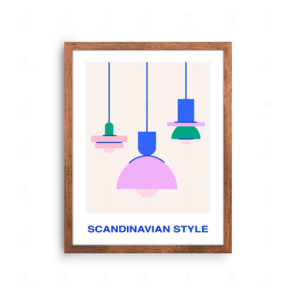 Plakat z artystyczną grafiką z napisem "Scandinavian Style" i kompozycją lamp
