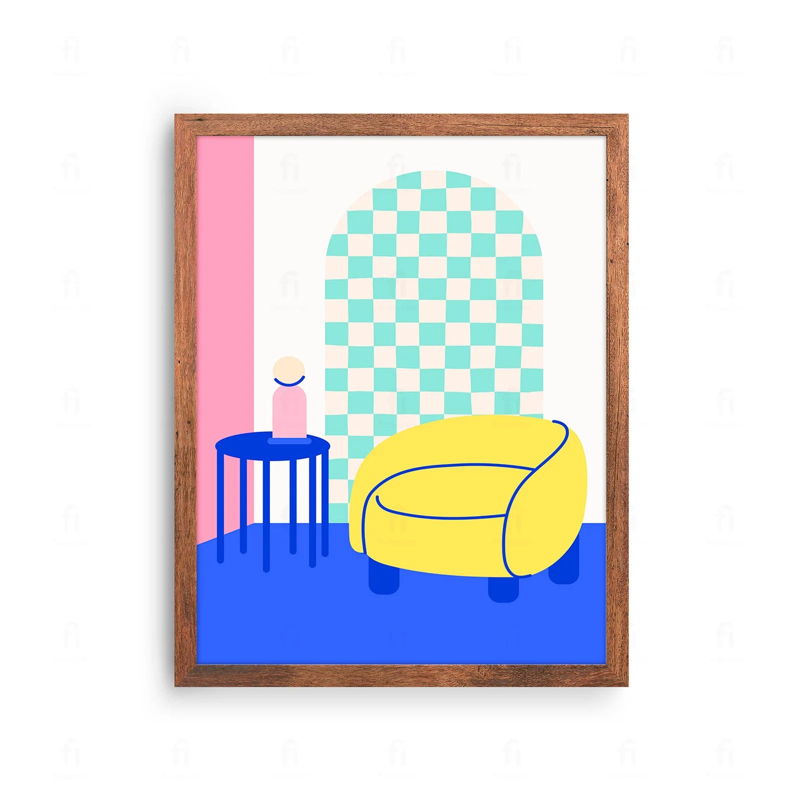 Plakat z minimalistyczną grafiką przedstawiającą kompozycję mebli i dodatków w stylu skandynawskim.