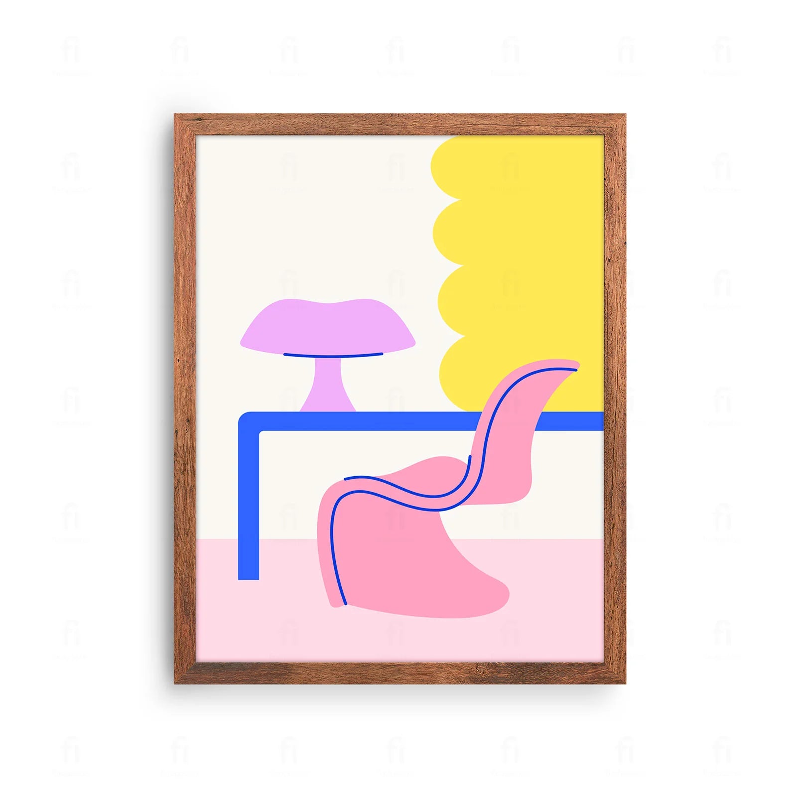 Plakat z artystyczną grafiką przedstawiającą ikoniczny fotel i lampę w stylu skandynawskim.
