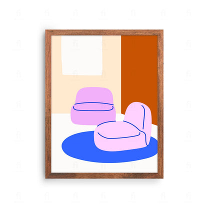 Plakat z minimalistyczną grafiką przedstawiającą kompozycję mebli i wazonu w pastelowych kolorach.
