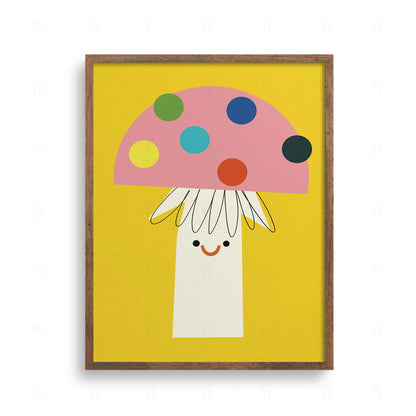 Plakat z uśmiechniętym różowym grzybem w kolorowe kropki na żółtym tle, ilustracja do pokoju dziecka w stylu retro.