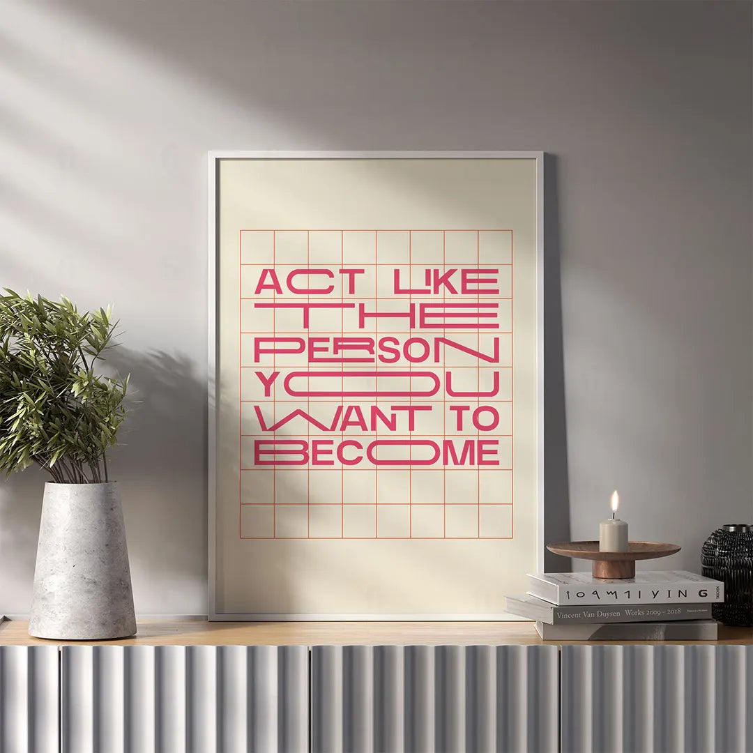 Plakat z minimalistyczną, kolorową grafiką z napisem "ACT".
