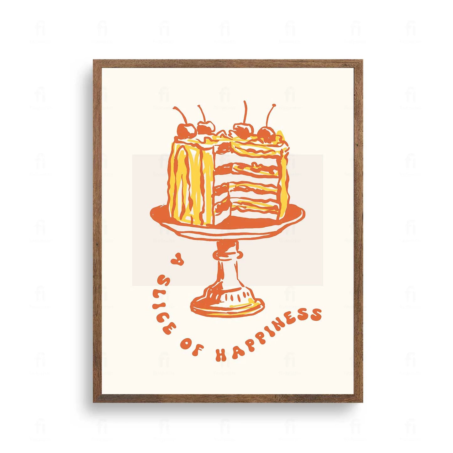 Plakat z apetyczną grafiką przedstawiającą kawałek tortu z wiśnią na talerzu.
