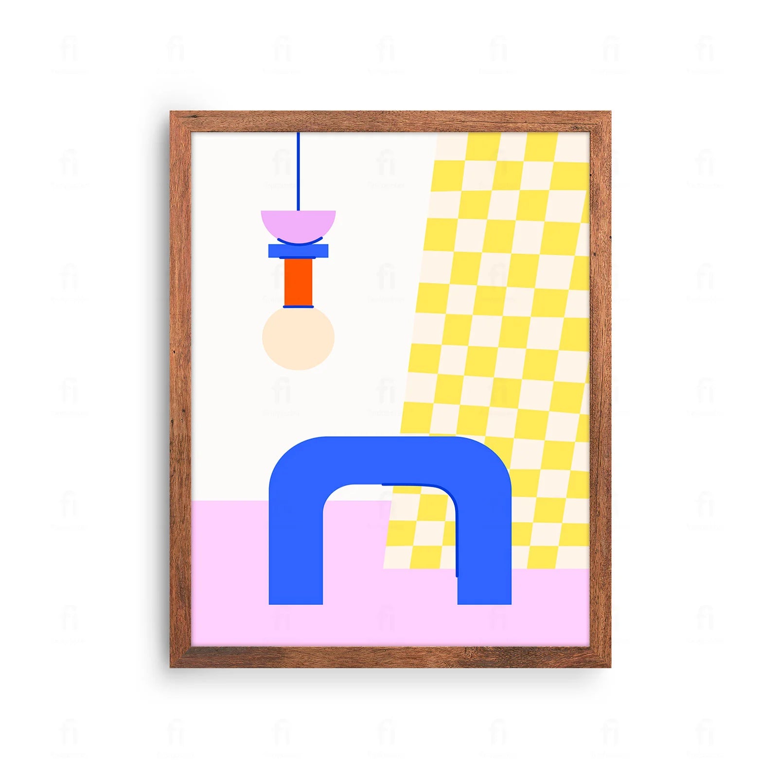 Plakat z minimalistyczną, abstrakcyjną grafiką przedstawiającą kompozycję żółtych i różowych kształtów w stylu skandynawskim.