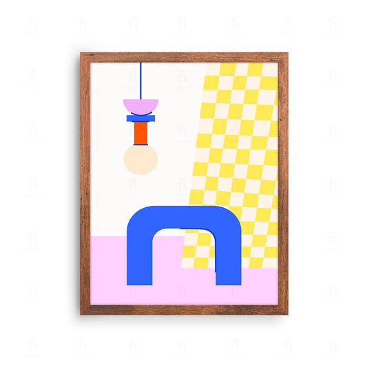 Plakat z minimalistyczną, abstrakcyjną grafiką przedstawiającą kompozycję żółtych i różowych kształtów w stylu skandynawskim.