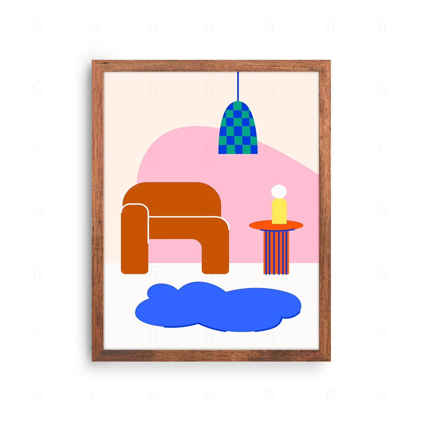 Plakat z abstrakcyjną grafiką przedstawiającą kompozycję mebli w nowoczesnym salonie w stylu skandynawskim.