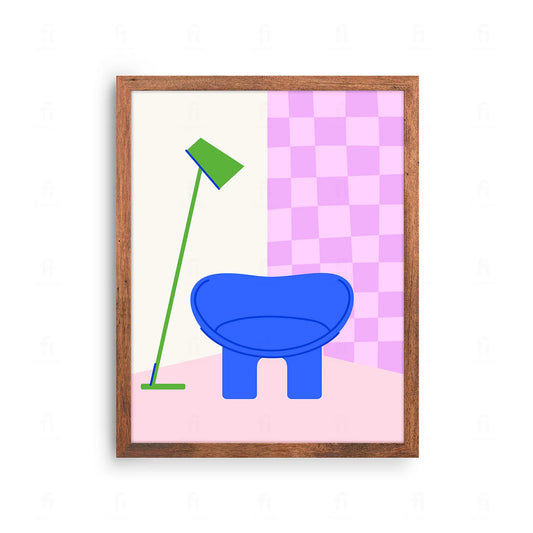  Plakat z artystyczną grafiką przedstawiającą nowoczesny fotel i lampę w stylu skandynawskim.
