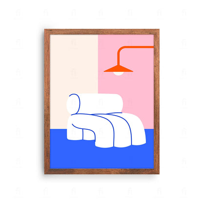 Plakat z artystyczną grafiką przedstawiającą wygodny fotel i lampę podłogową w stylu skandynawskim.