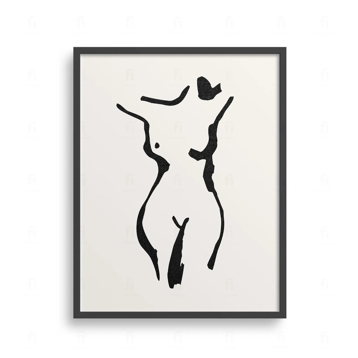 Plakat z minimalistyczną, czarno-białą grafiką przedstawiającą siedzącą, nagą kobietę.