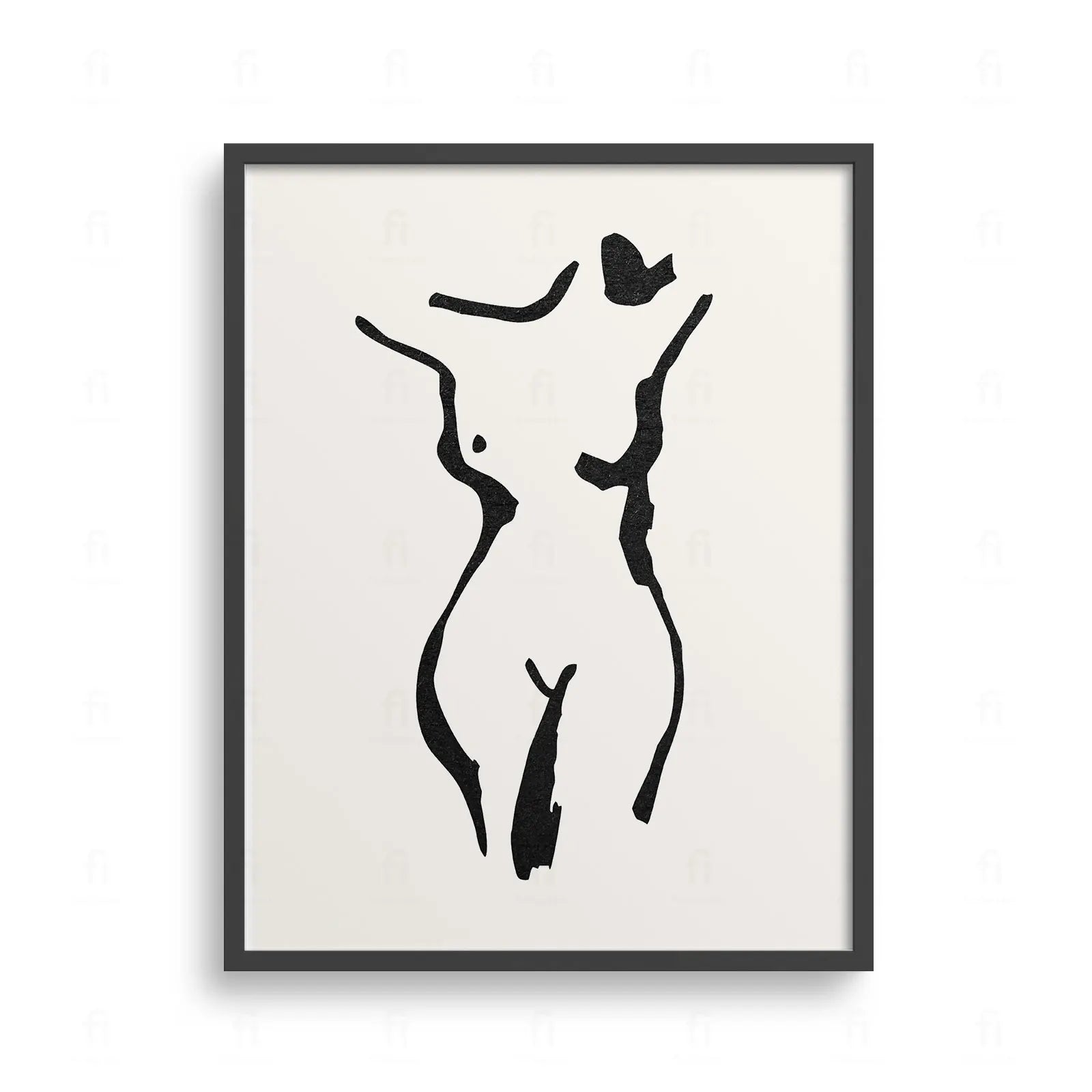 Plakat z minimalistyczną, czarno-białą grafiką przedstawiającą siedzącą, nagą kobietę.