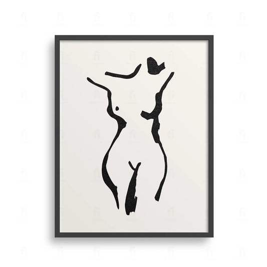 Plakat z minimalistyczną, czarno-białą grafiką przedstawiającą siedzącą, nagą kobietę.
