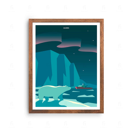 Plakat z artystyczną grafiką przedstawiającą zorzę polarną nad ośnieżonym krajobrazem Alaski.