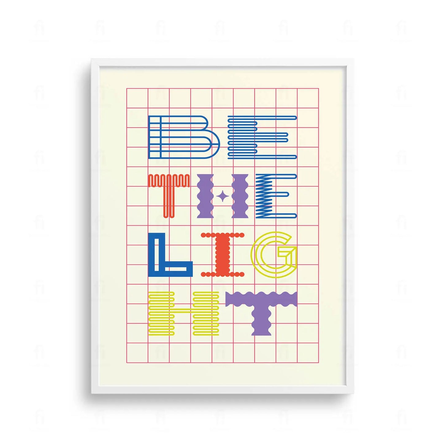 Plakat z minimalistyczną, kolorową grafiką z napisem "Be The Light".
