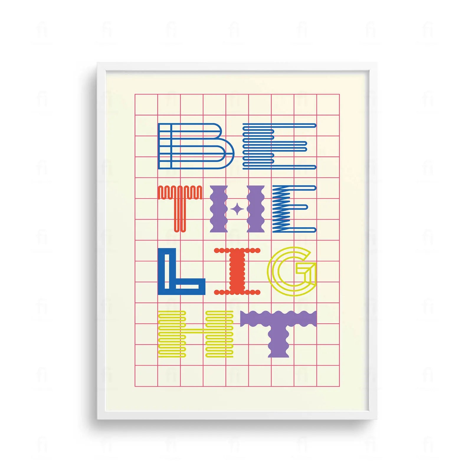 Plakat z minimalistyczną, kolorową grafiką z napisem "Be The Light".
