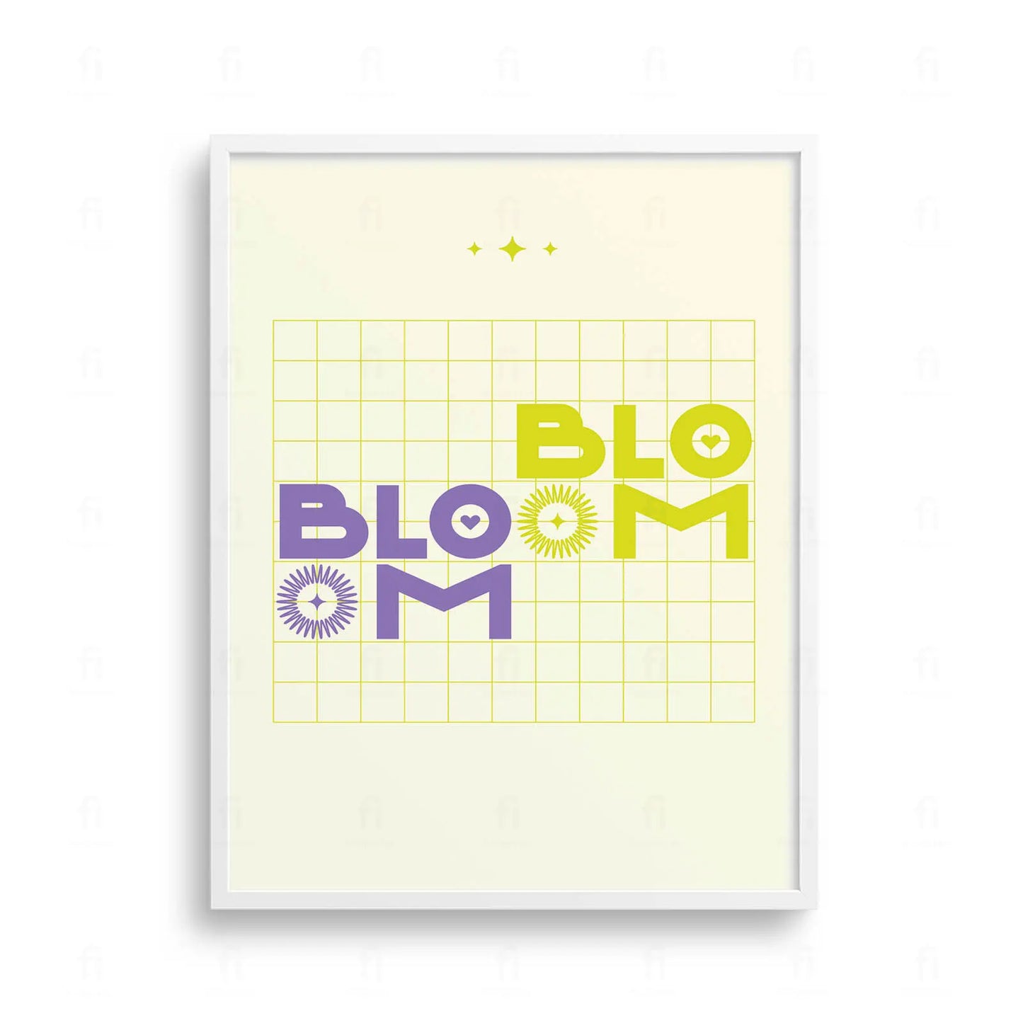 Plakat z minimalistyczną grafiką z napisem "Bloom" i rysunkiem kwiatu.
