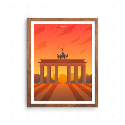 Plakat z artystyczną grafiką przedstawiającą Bramę Brandenburską w Berlinie, Niemcy.
